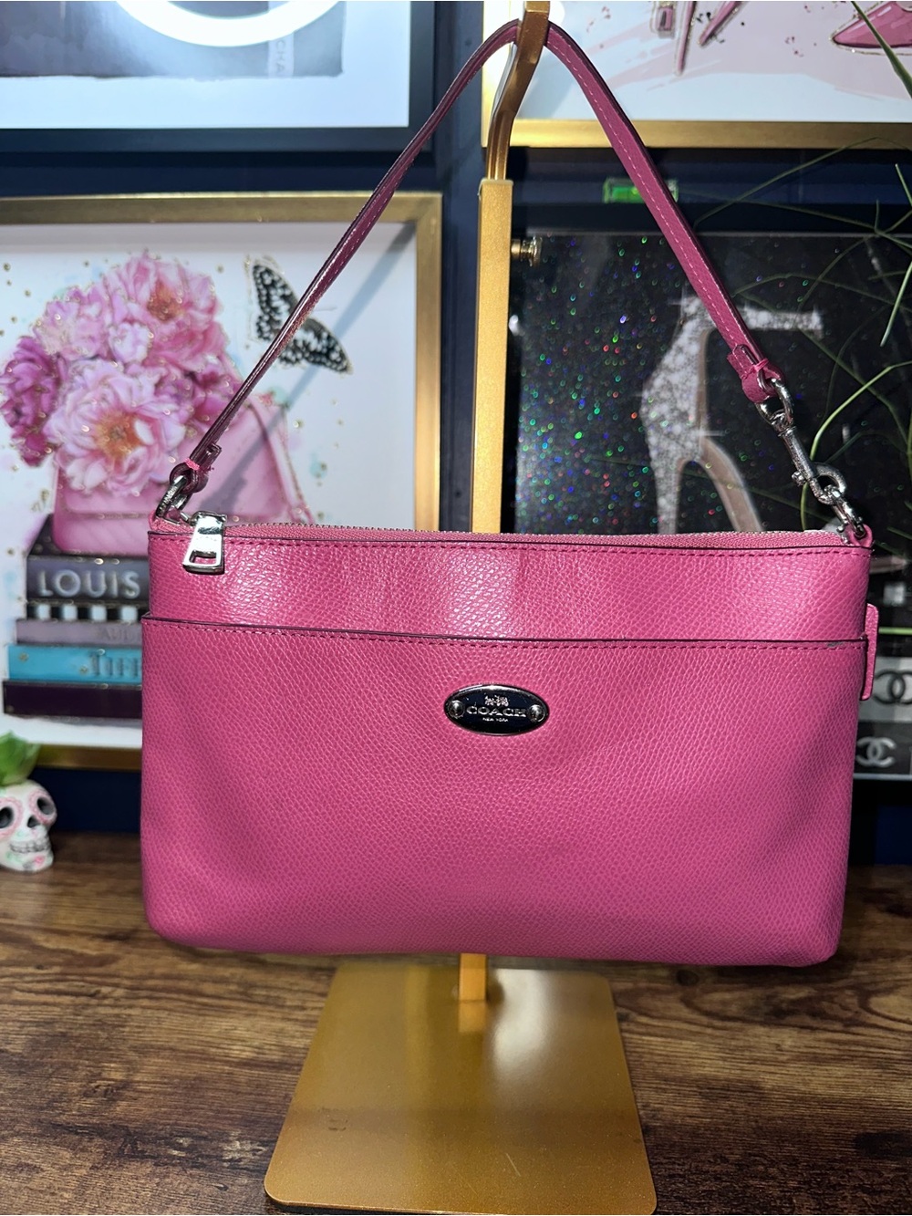 Coach Hot Pink Leather Shoulder Bag with Silver Hardware